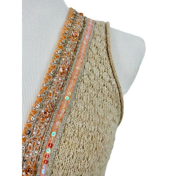 RARE Vintage Free People Beige Embellished Sequin Trim & Keyhole Back Boho Knit - Picture 6 of 15